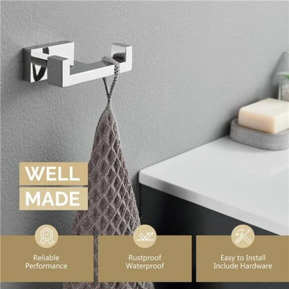Angle Simple Double Towel Hook Polished Chrome 304 Stainless Steel Bathroom Hook - Picture 3 of 8